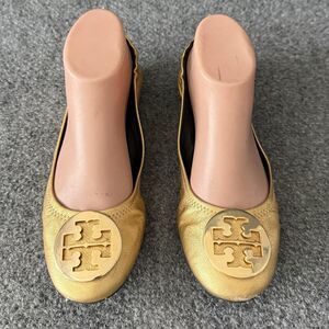 Tory Burch Reva Gold Metallic Leather Ballet Flats Logo Medallion Scrunch Size 8